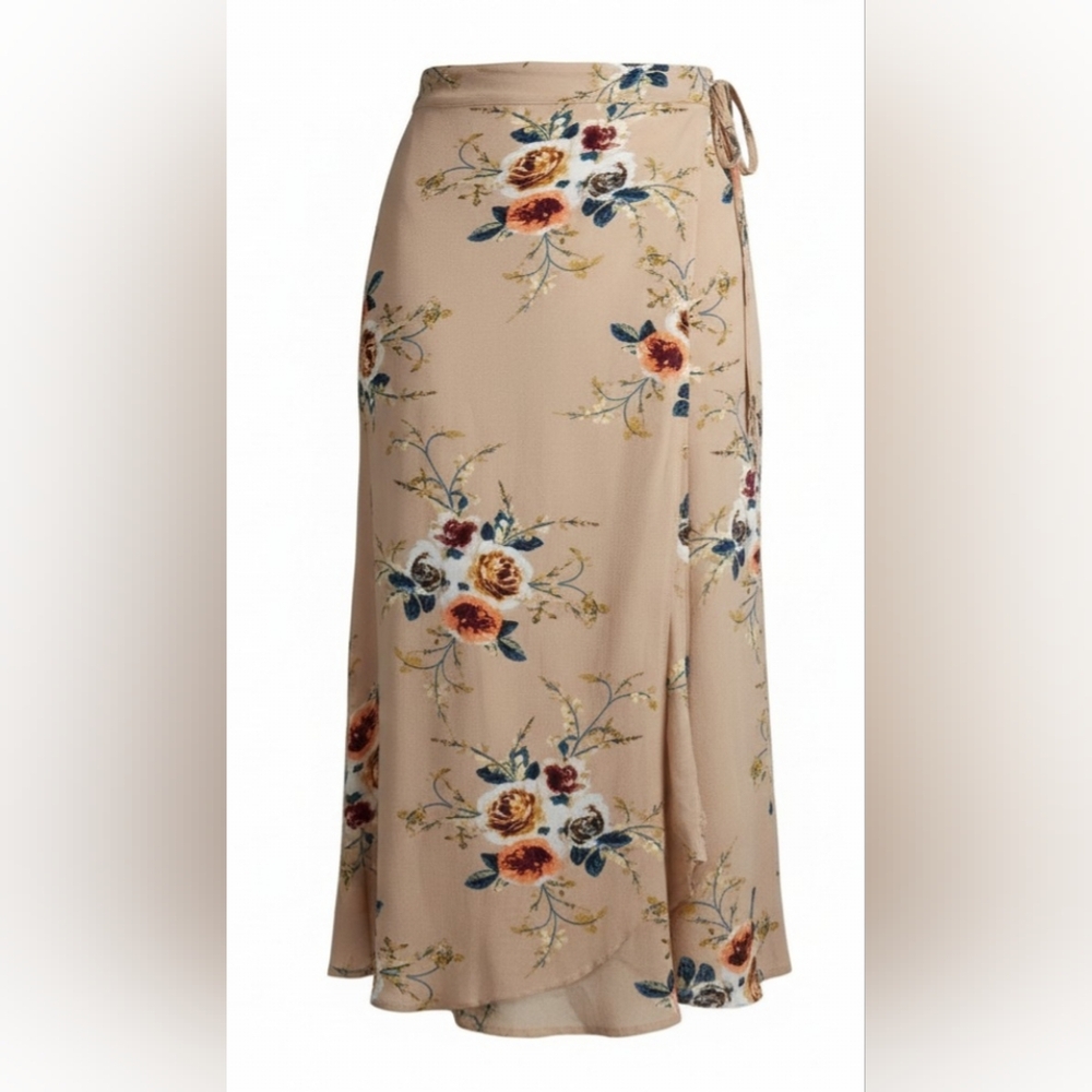 Floral Midi Skirt in Beige with Rust Accents